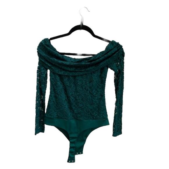 AFRM–Off Shoulder Lace-Bodysuit–Long Sleeve–Nylon-Blend–Emerald Green–Women-S - Picture 1 of 7